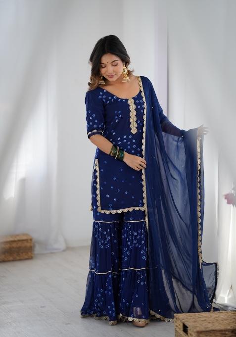 Blue Bandhani Print Chiffon Sharara Set