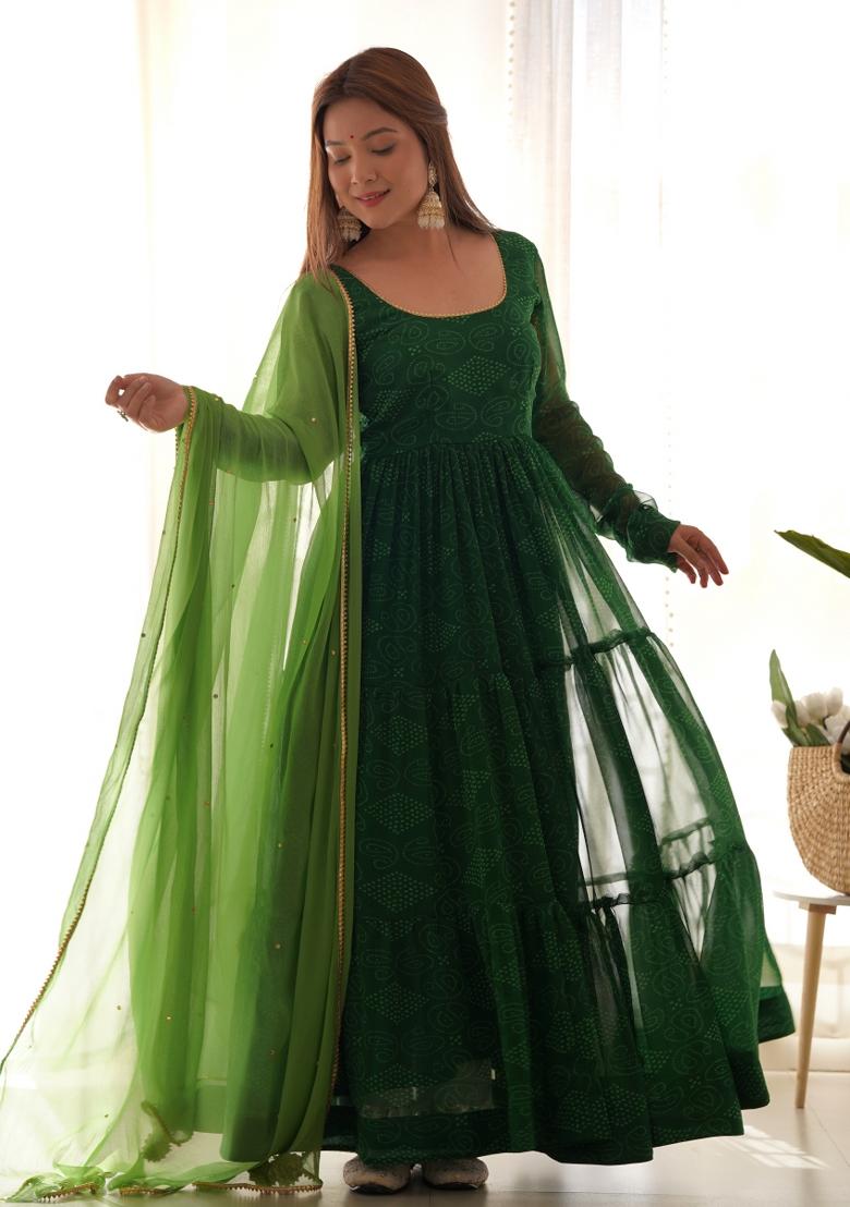 Green Bandhani Print Georgette Anarkali Set