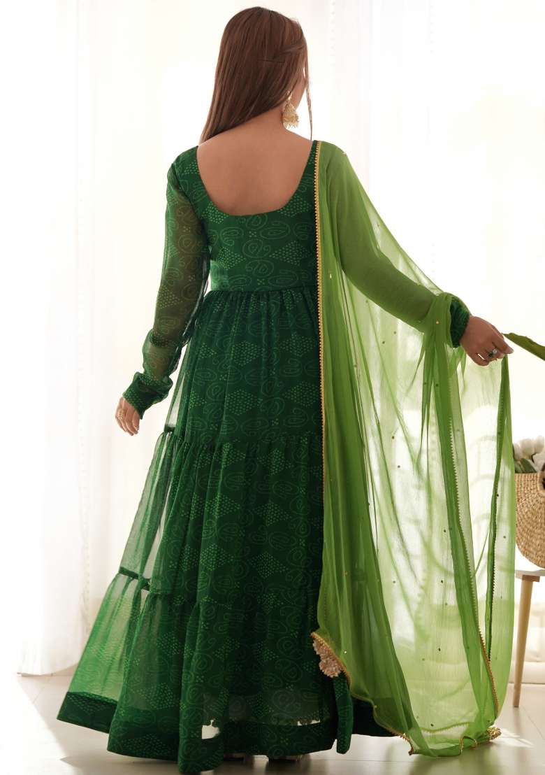 Green Printed Georgette Anarkali Set - Indya