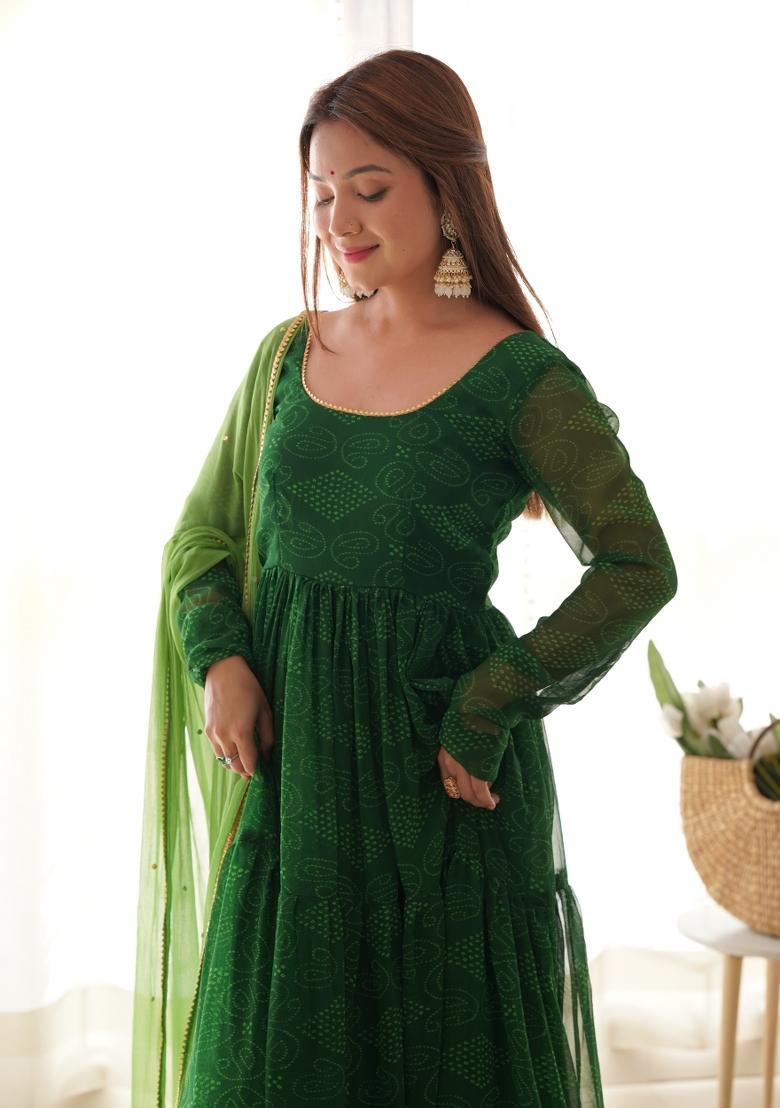 Green Bandhani Print Georgette Anarkali Set