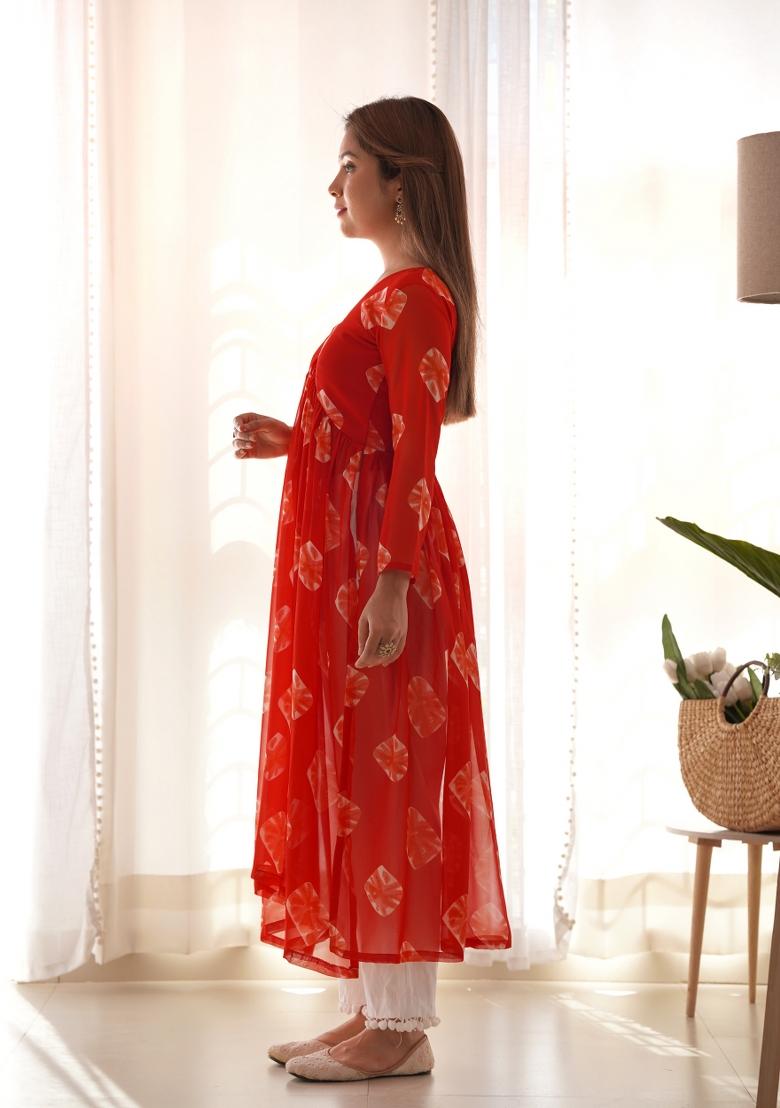 Red Hand Dyed Georgette Co Ord Set