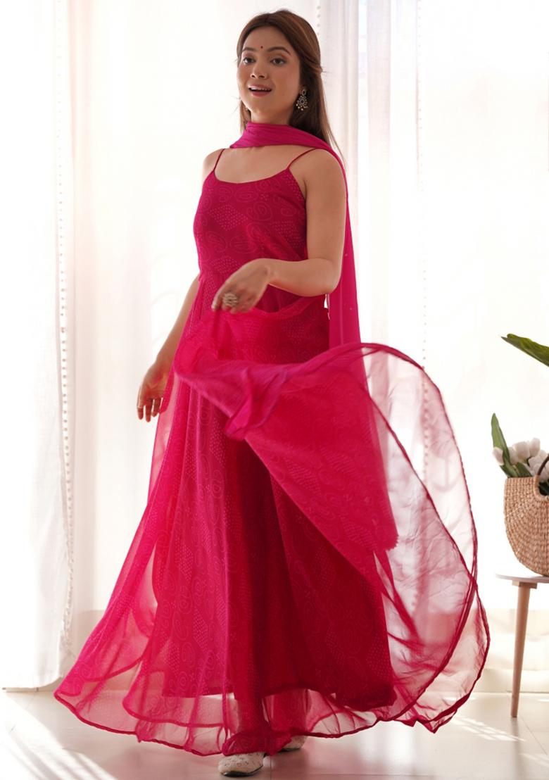 Magenta Bandhani Print Georgette Anarkali Set