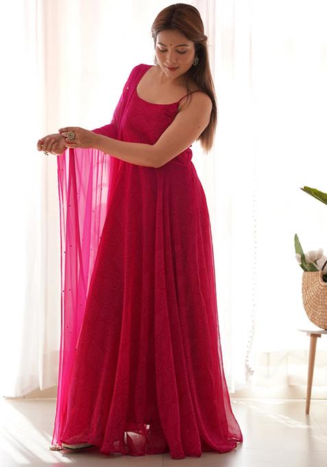 Magenta Bandhani Print Georgette Anarkali Set
