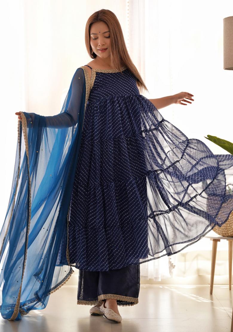 Blue Leheriya Print Georgette Anarkali Set
