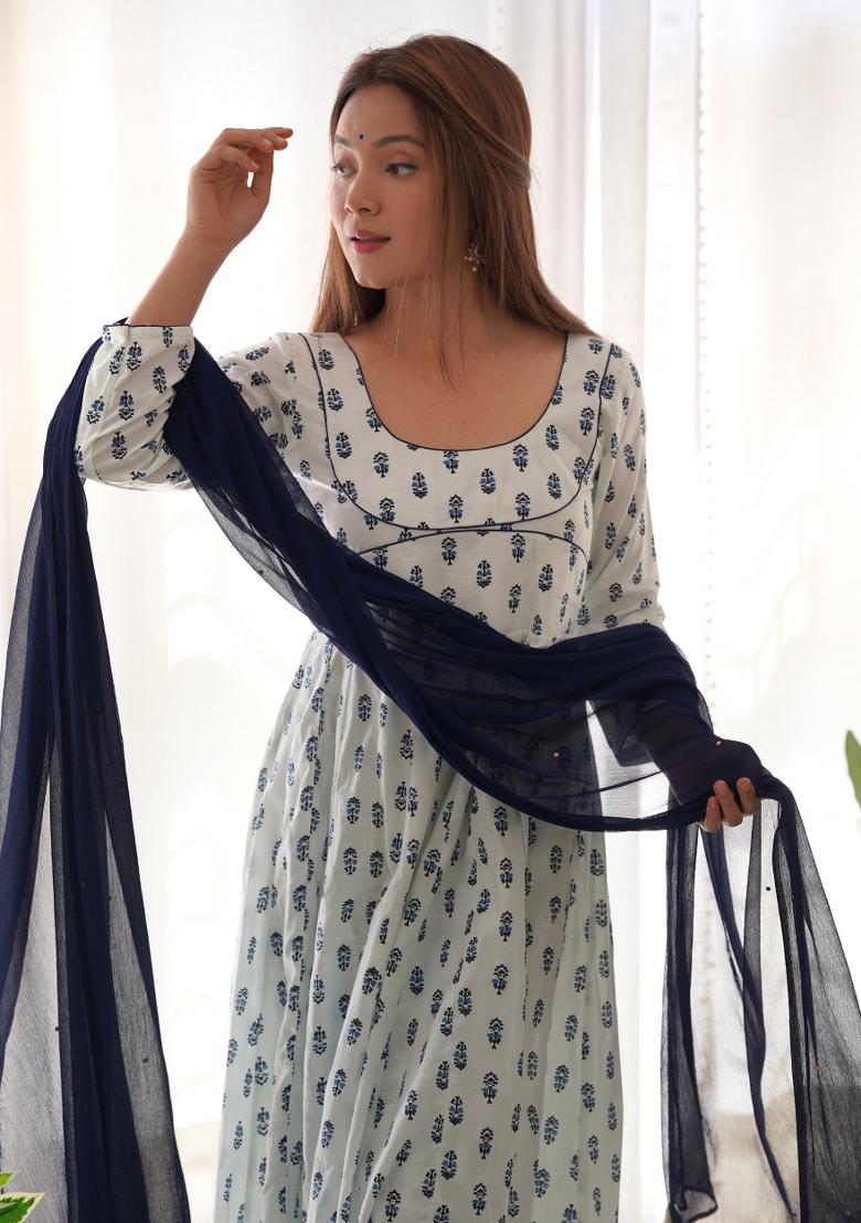 White Block Print Cotton Blend Anarkali Set