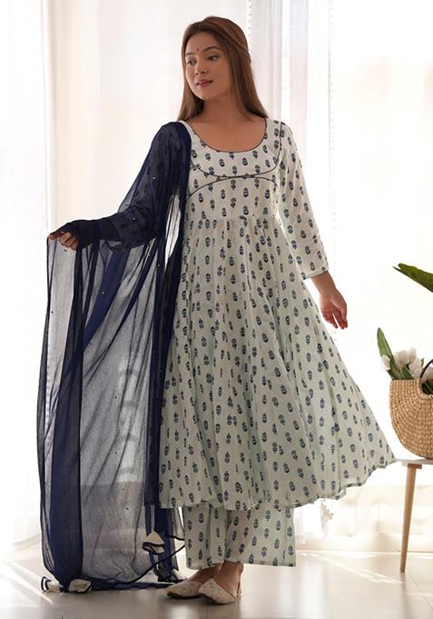 White Block Print Cotton Blend Anarkali Set