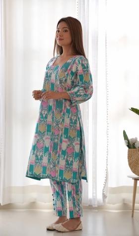 Green And Pink Ikat Print Cotton Blend Co Ord Set
