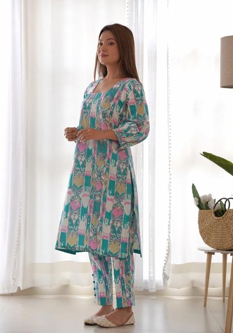 Green And Pink Ikat Print Cotton Blend Co Ord Set