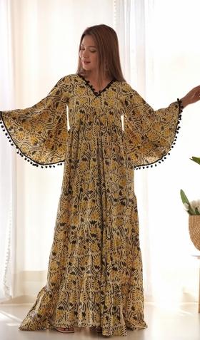 Beige And Black Kalamkaari Print Cotton Blend Gown