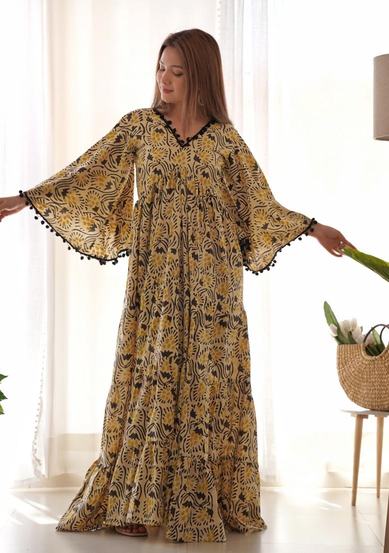 Beige And Black Kalamkaari Print Cotton Blend Gown