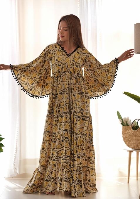 Beige And Black Kalamkaari Print Cotton Blend Gown