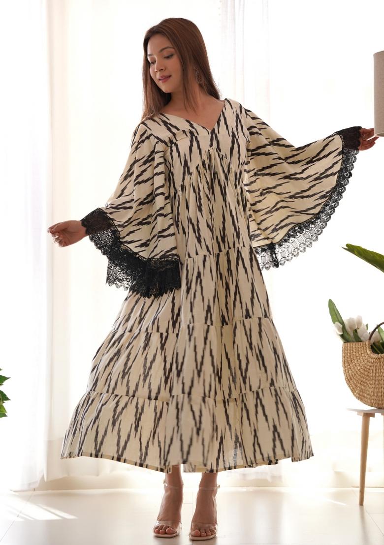 White And Black Ikat Print Cotton Blend Gown