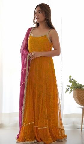 Yellow And Wine Bandhani Print Chiffon Anarkali Set