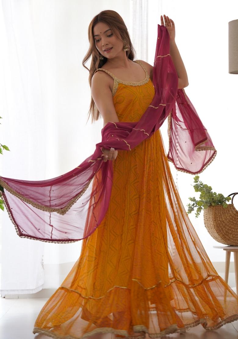 Yellow And Wine Bandhani Print Chiffon Anarkali Set