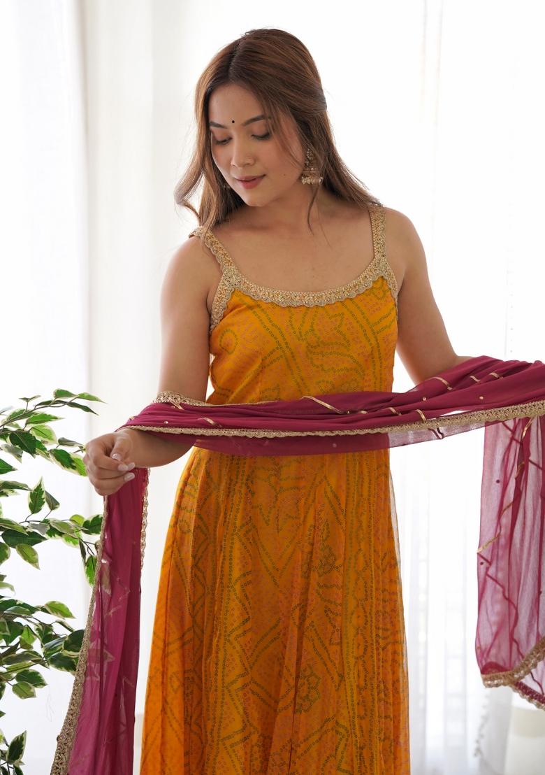 Yellow And Wine Bandhani Print Chiffon Anarkali Set