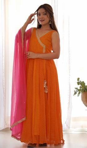 Yellow And Wine Leheriya Print Georgette Lehenga Set