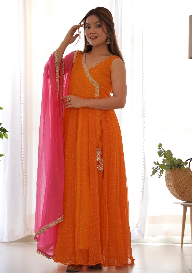 Yellow And Wine Leheriya Print Georgette Lehenga Set