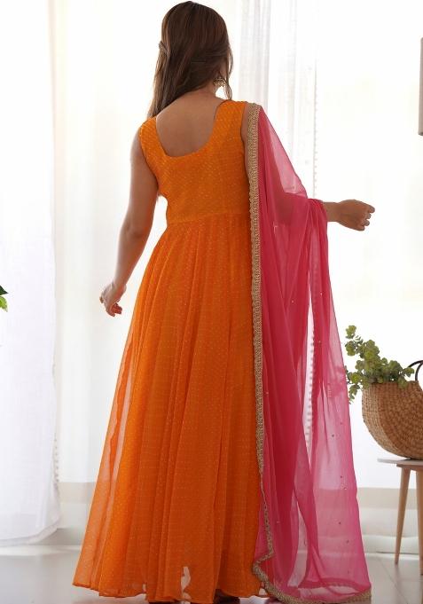 Yellow And Wine Leheriya Print Georgette Lehenga Set