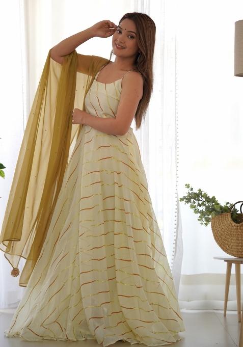 Cream Leheriya Print Jacquard Anarkali Set
