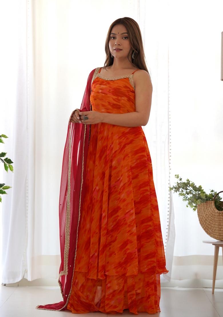 Orange And Red Printed Georgette Anarkali Set
