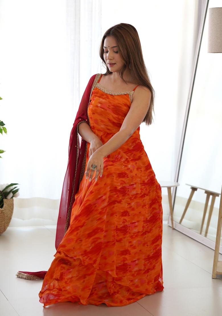 Orange And Red Printed Georgette Anarkali Set