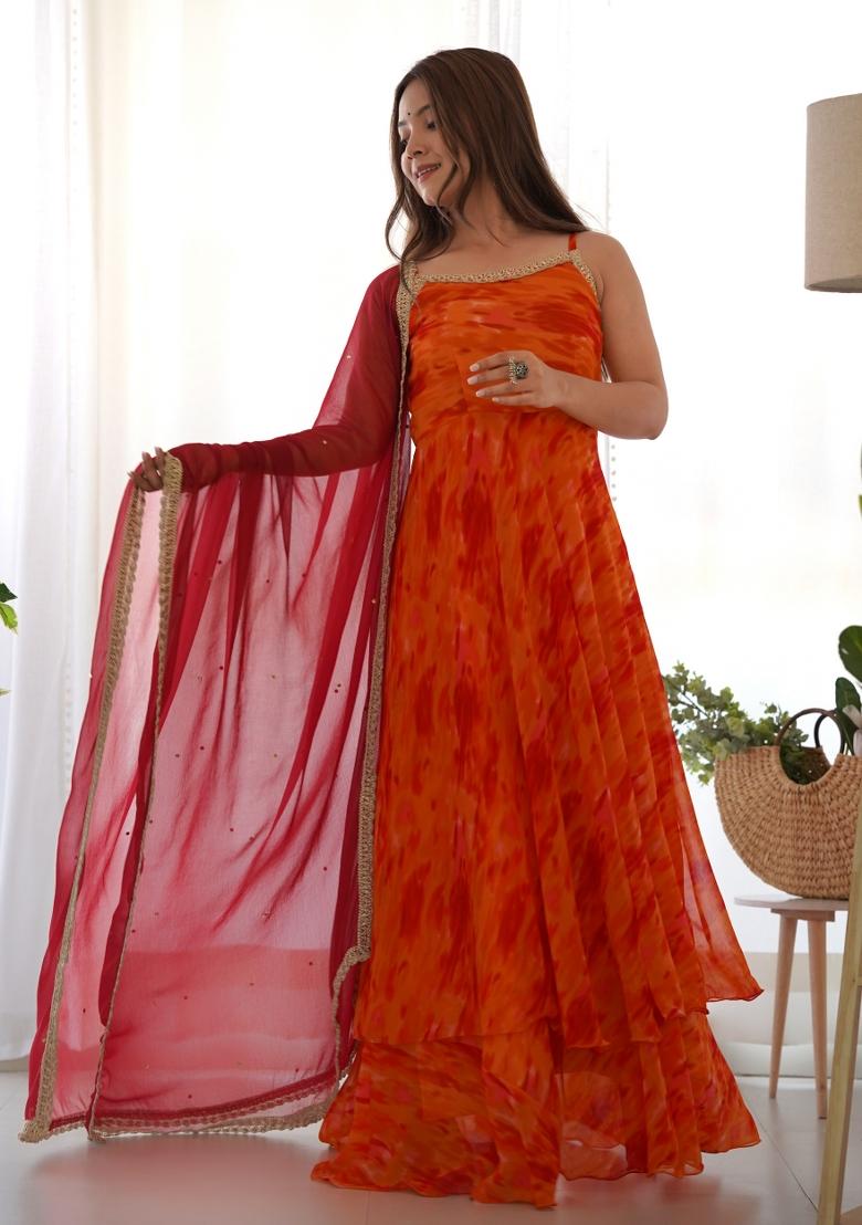 Orange And Red Printed Georgette Anarkali Set
