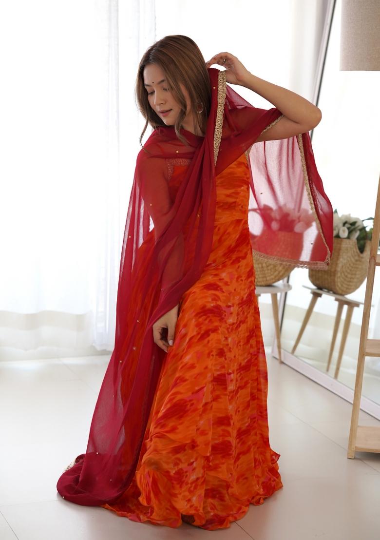 Orange And Red Printed Georgette Anarkali Set
