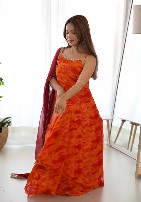 Orange And Red Printed Georgette Anarkali Set