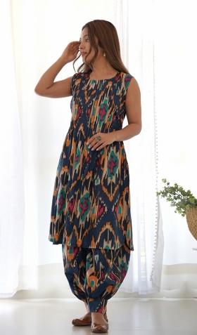 Blue Ikat Print Cotton Blend Co Ord Set