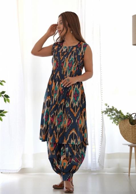 Blue Ikat Print Cotton Blend Co Ord Set