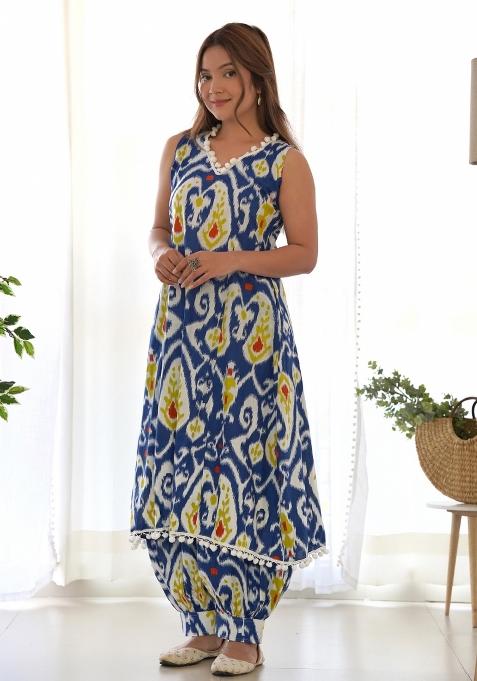 Blue Ikat Print Cotton Blend Salwar Kameez