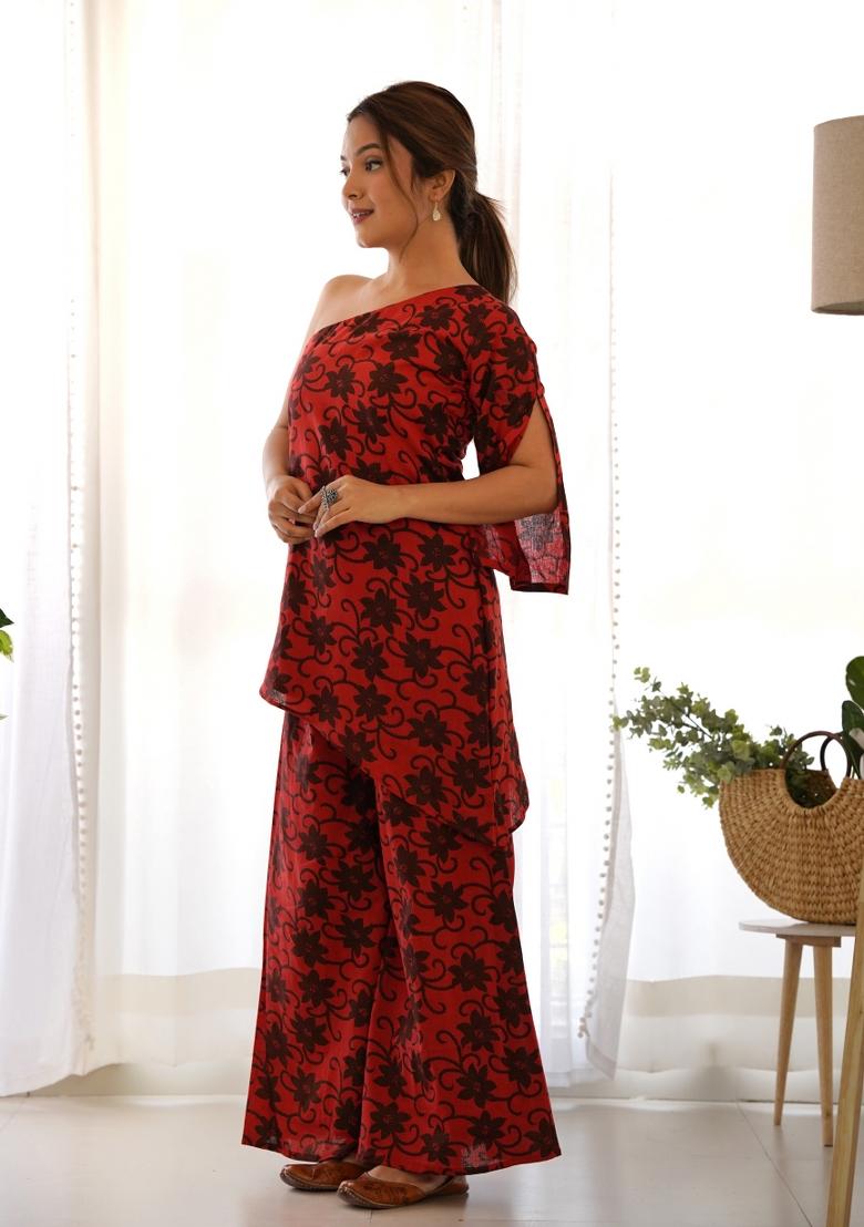 Red Ikat Print Cotton Blend Co Ord Set