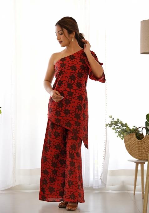 Red Ikat Print Cotton Blend Co Ord Set