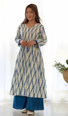 White Ikat Print Cotton Blend Palazzo Set