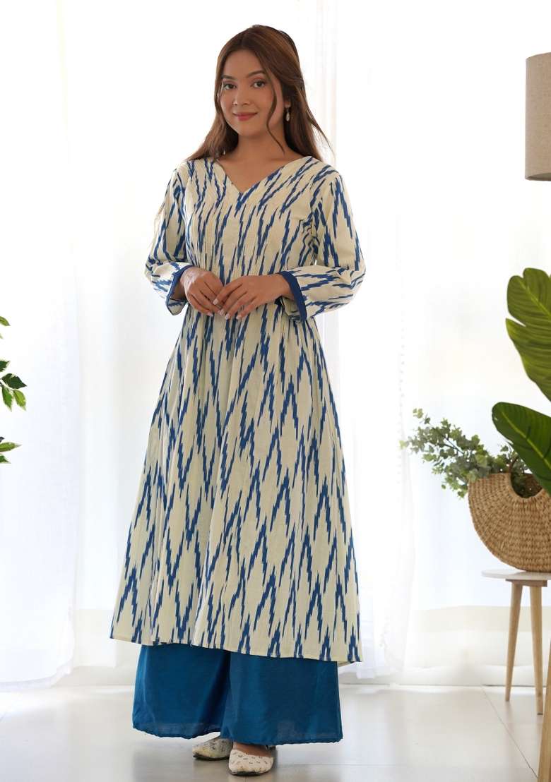 White Ikat Print Cotton Blend Palazzo Set - Indya