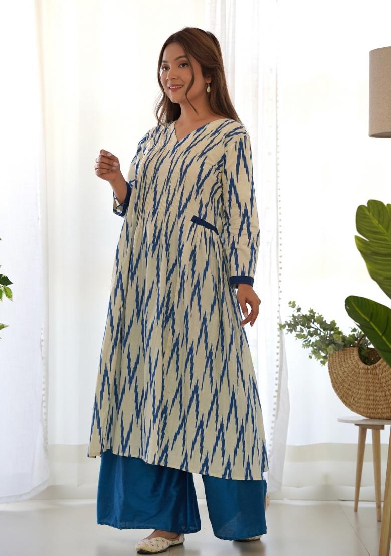 White Ikat Print Cotton Blend Palazzo Set