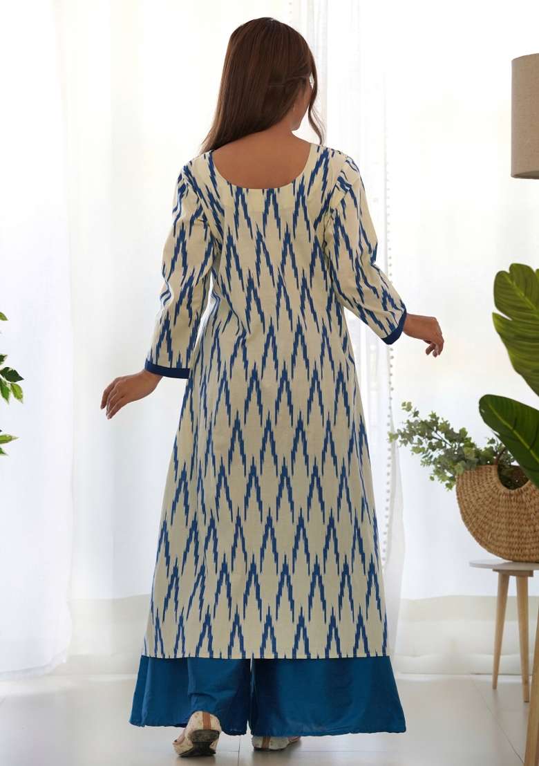 White Ikat Print Cotton Blend Palazzo Set - Indya