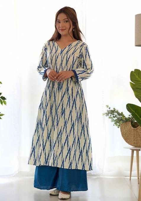 White Ikat Print Cotton Blend Palazzo Set