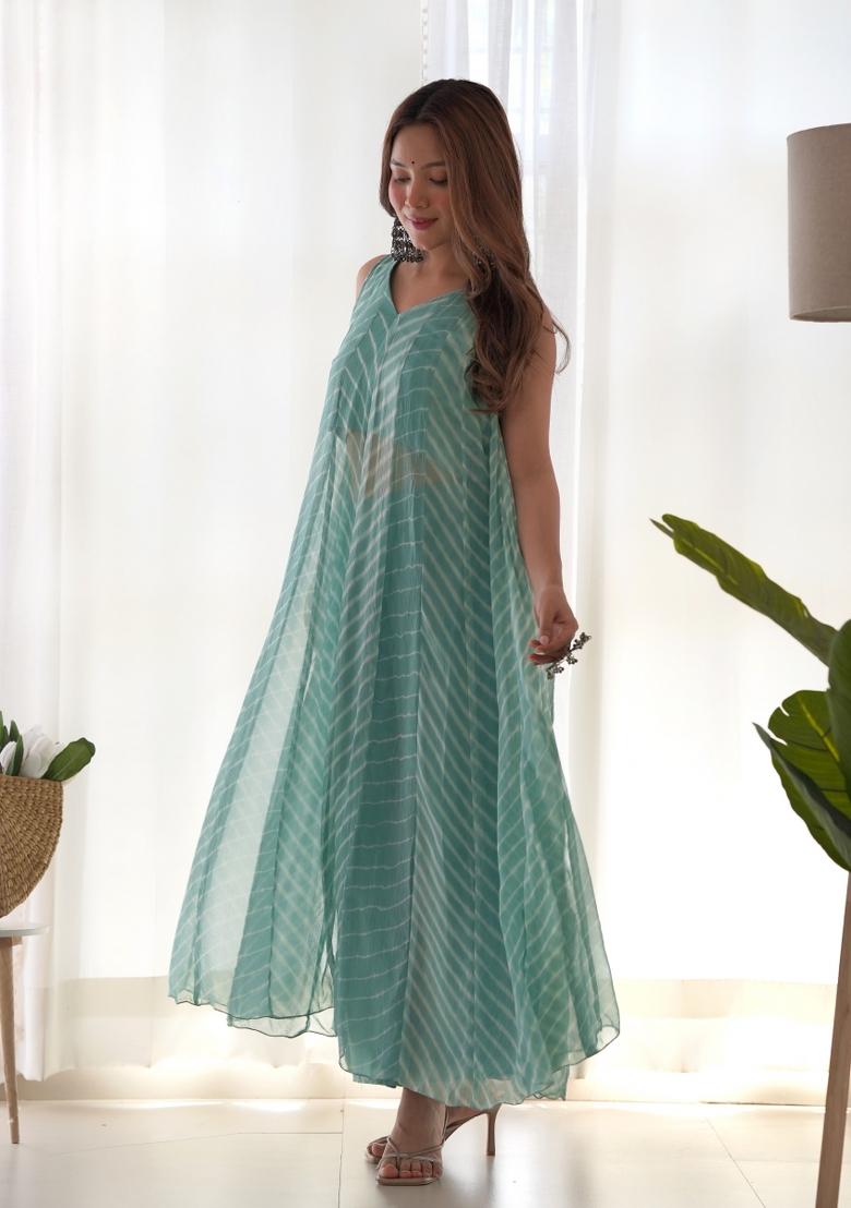 Green Leheriya Print Chiffon Anarkali Set