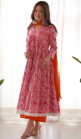Magenta And Orange Block Print Cotton Blend Anarkali Set