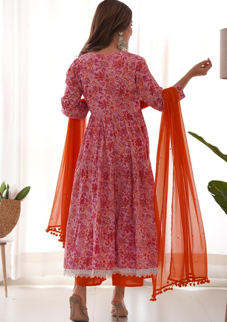 Magenta And Orange Block Print Cotton Blend Anarkali Set
