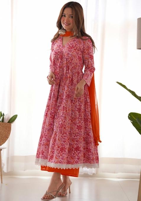 Magenta And Orange Block Print Cotton Blend Anarkali Set