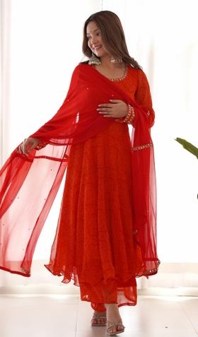 Red Bandhani Print Chiffon Anarkali Set