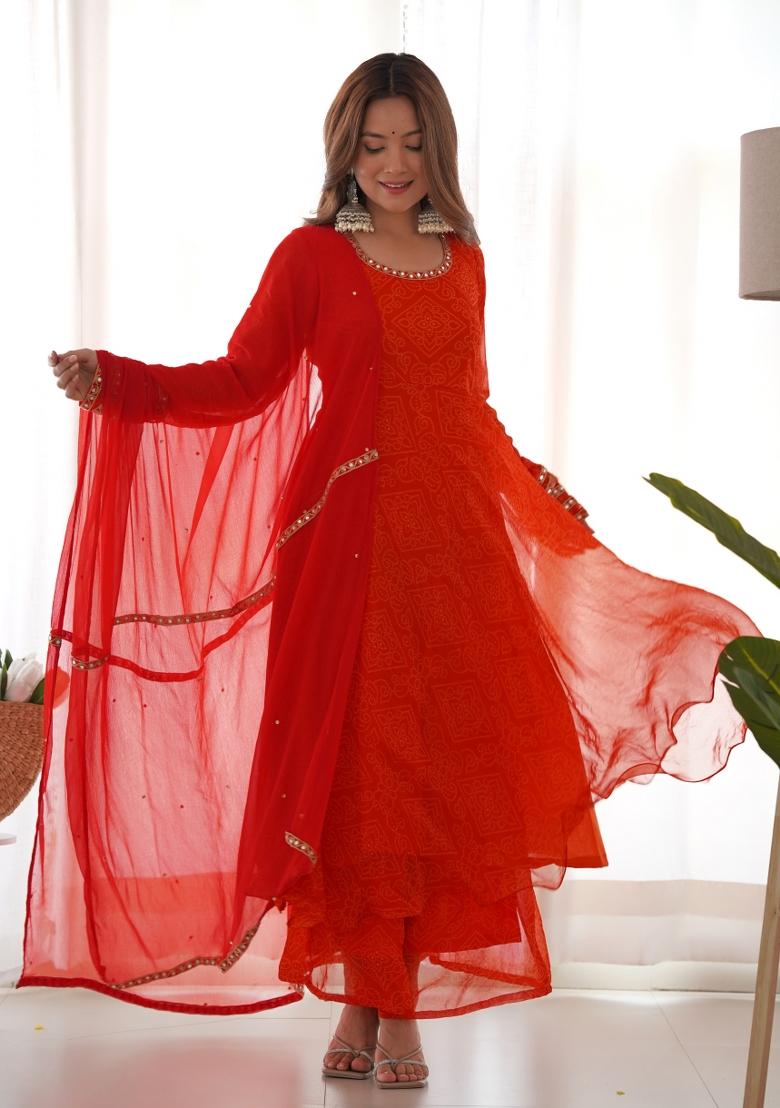 Red Bandhani Print Chiffon Anarkali Set
