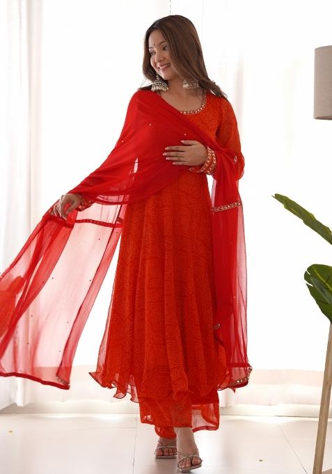 Red Bandhani Print Chiffon Anarkali Set