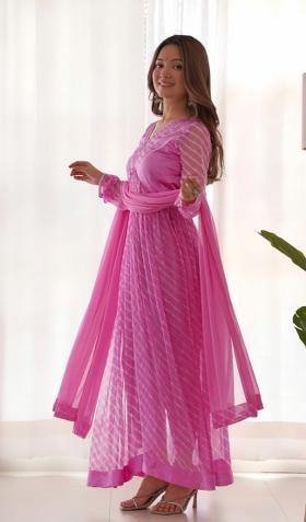 Fuchsia Pink Striped Chiffon Anarkali Set