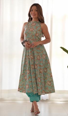 Blue Block Print Cotton Blend Salwar Kameez