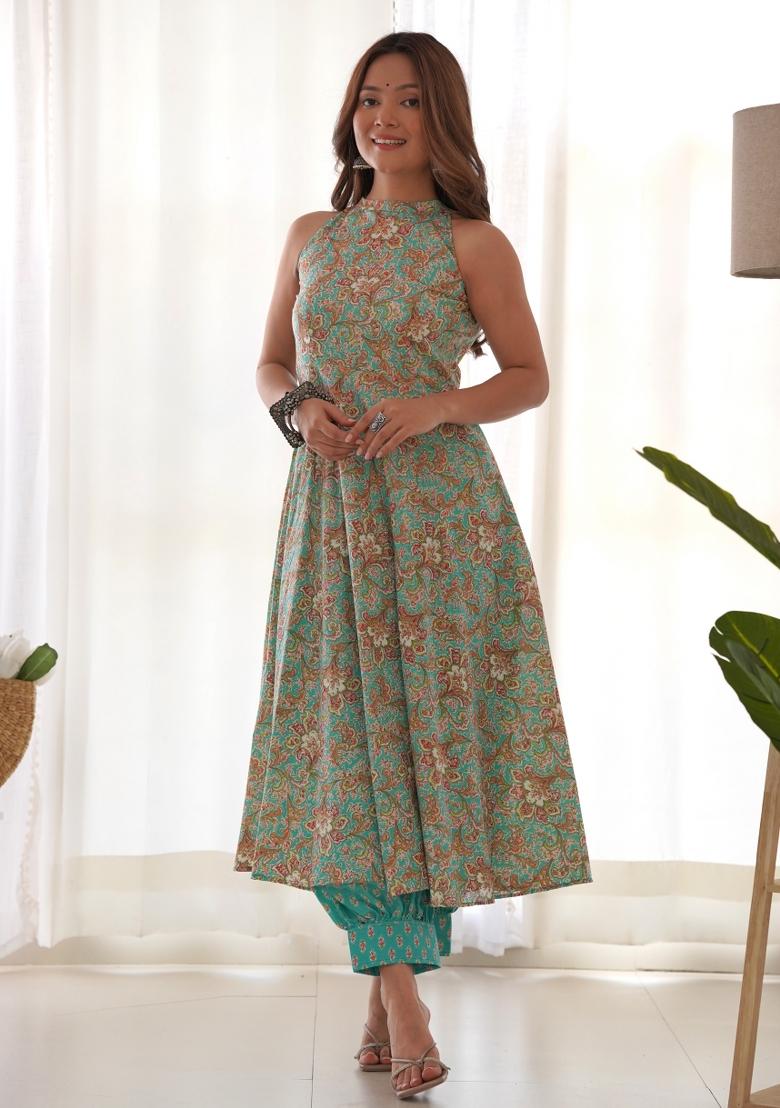 Blue Block Print Cotton Blend Salwar Kameez