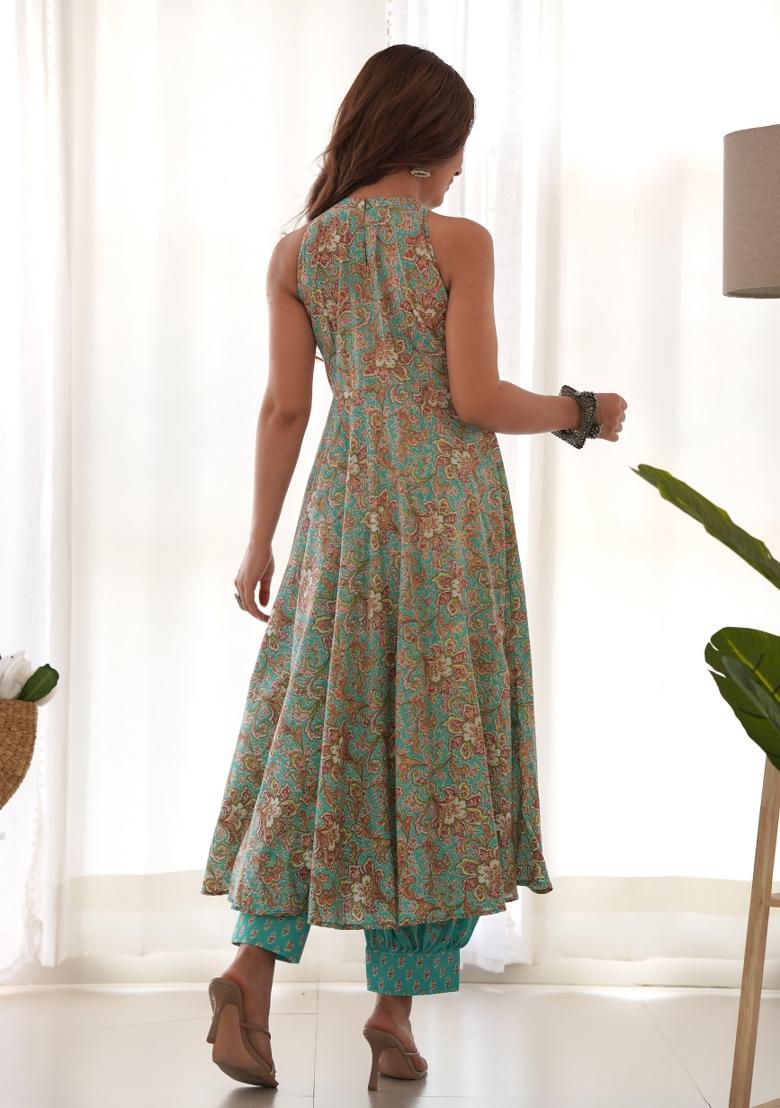 Blue Block Print Cotton Blend Salwar Kameez