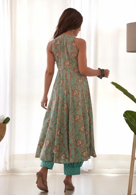 Blue Block Print Cotton Blend Salwar Kameez